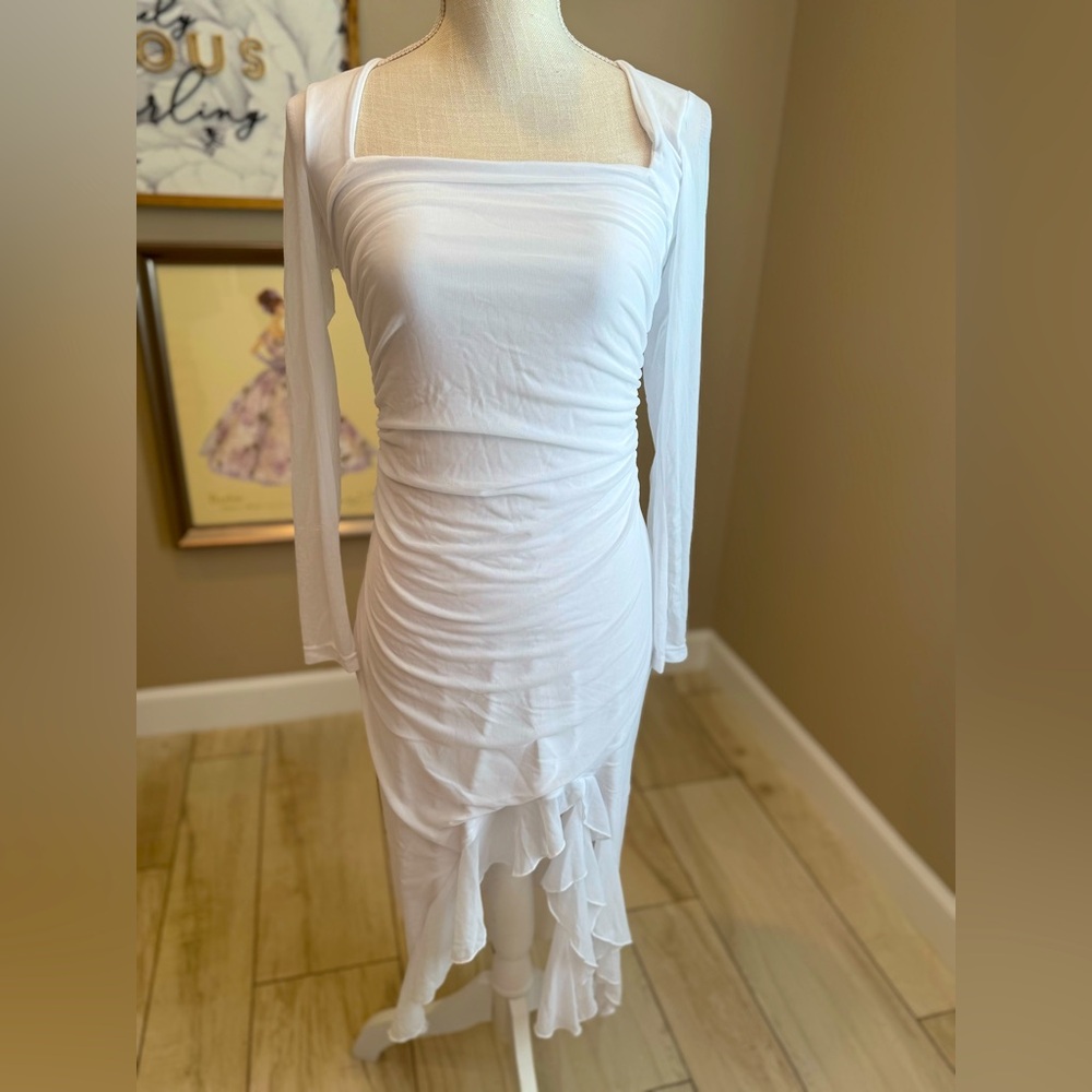 White Long-Sleeve Ruffled Midi Dress